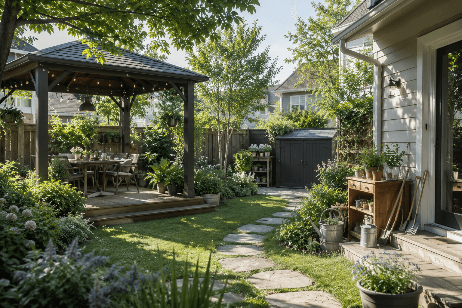 Warm and quiet home courtyard with garden and patio