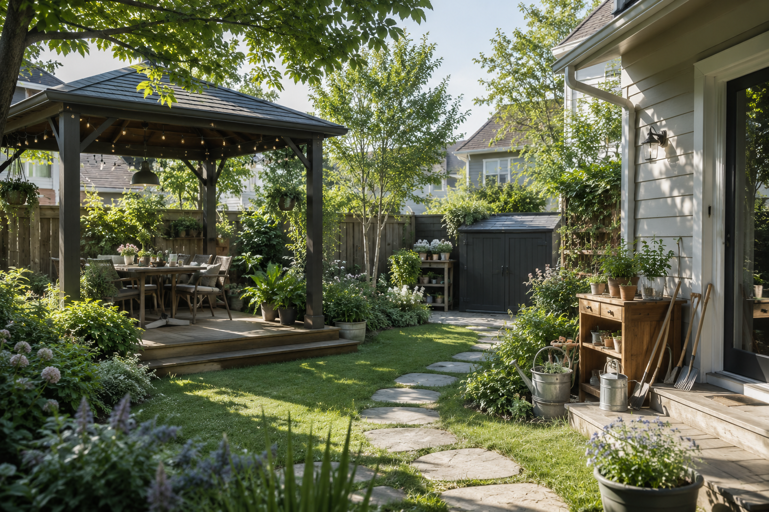 Warm and quiet home courtyard with garden and patio